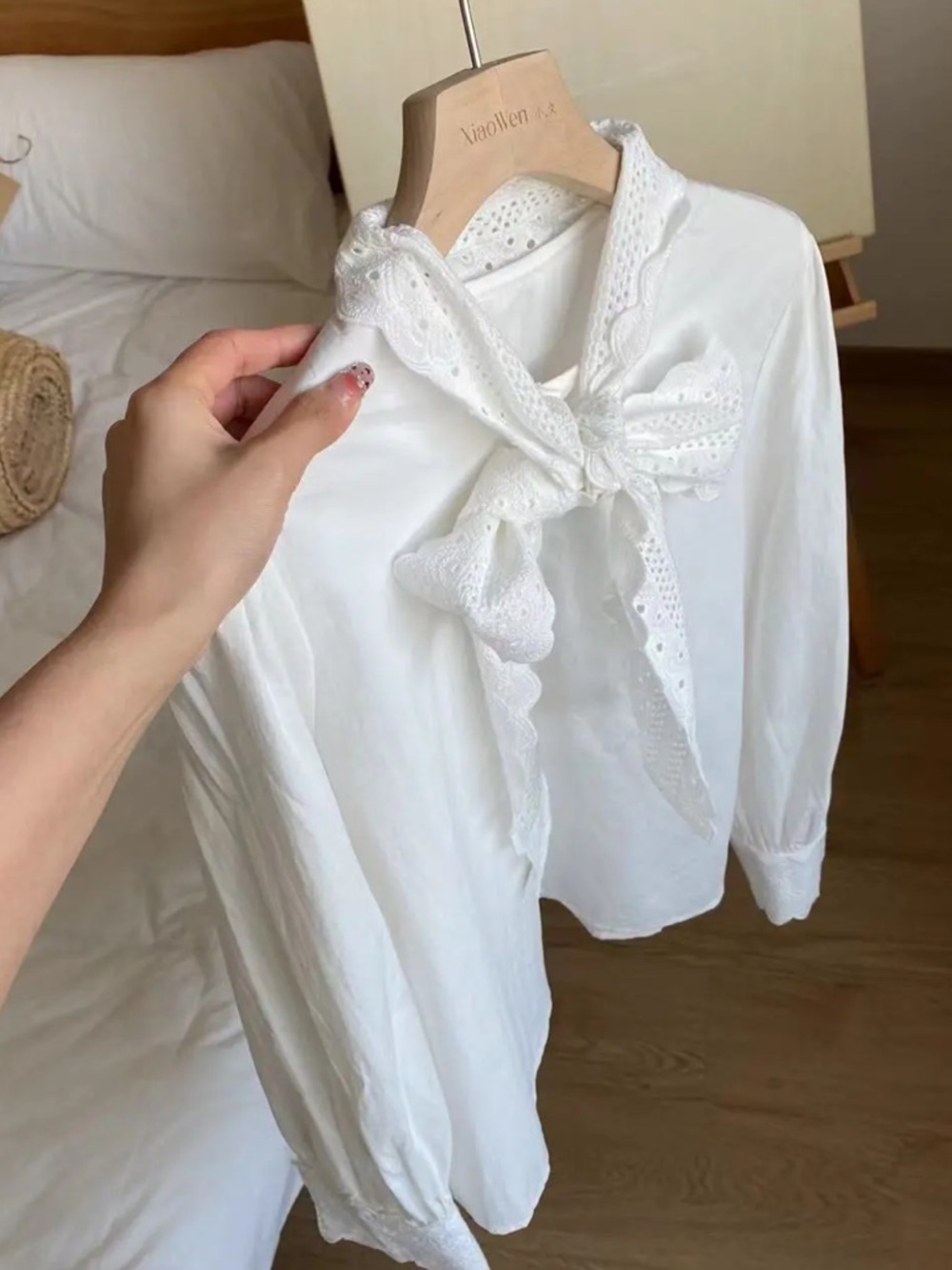 Korean White Eyelet Tie-Neck Blouse - Picture 3 of 5